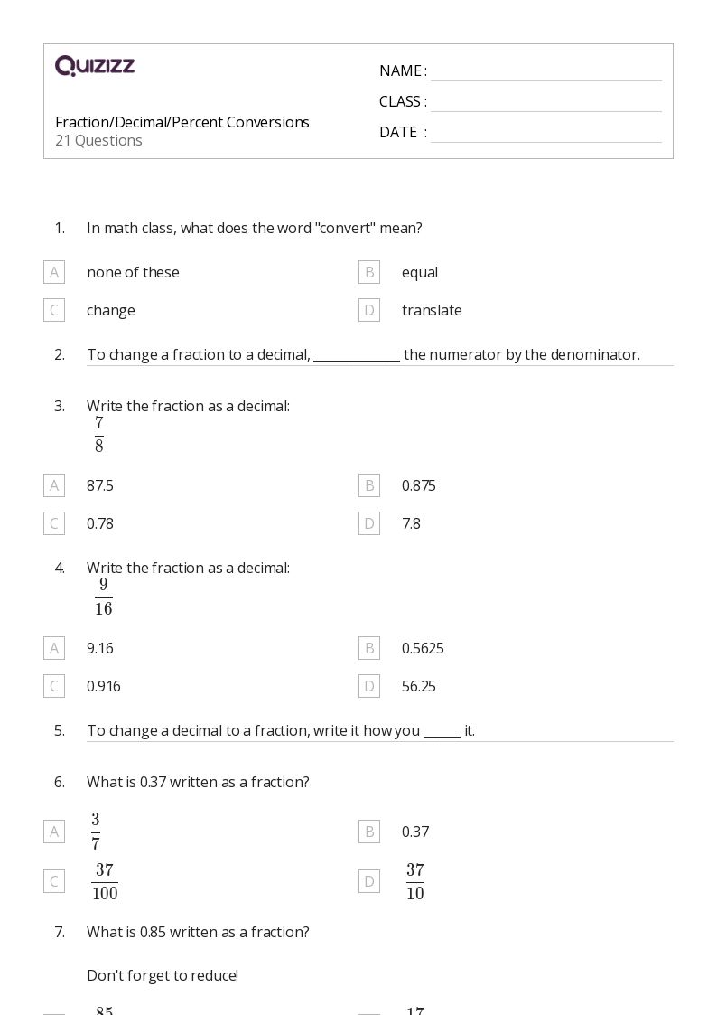 50 Converting Percents Decimals And Fractions Worksheets For 5Th