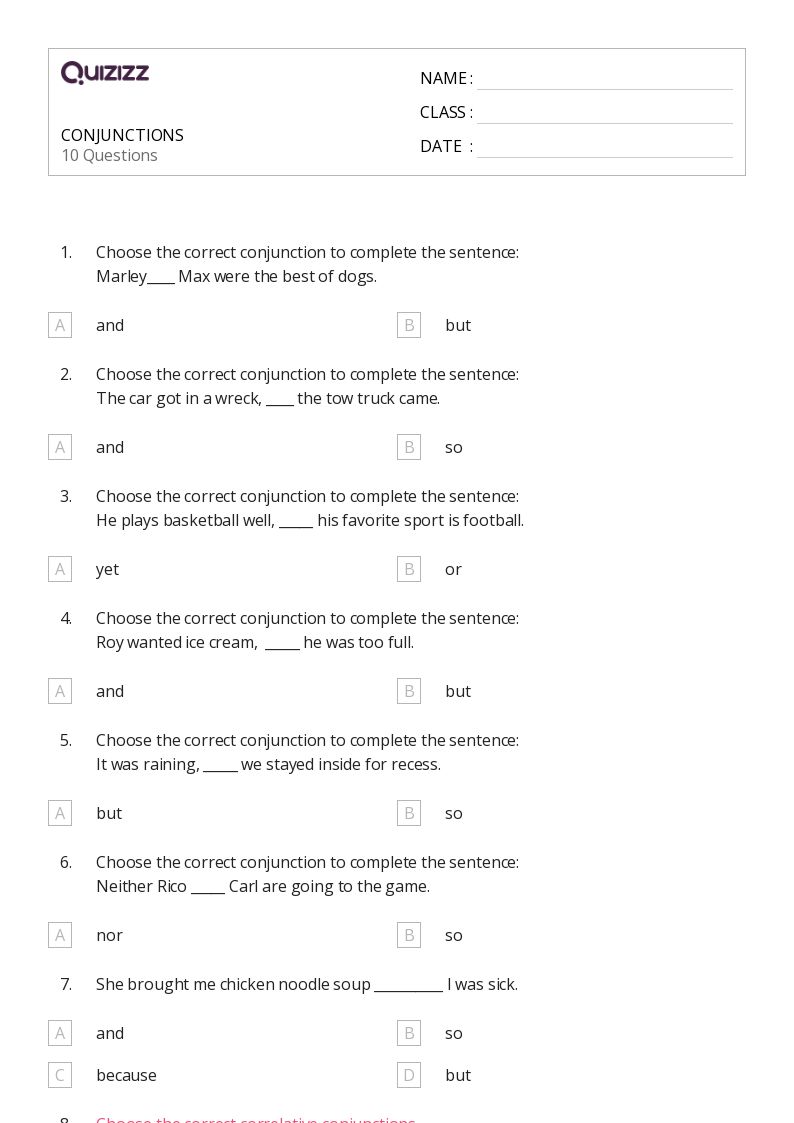 50 Correlative Conjunctions Worksheets On Quizizz Free Printable