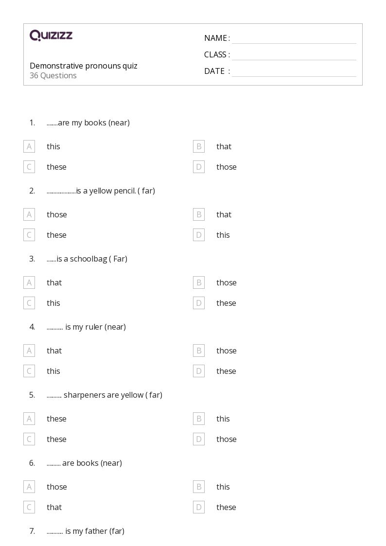 50 Demonstrative Pronouns Worksheets For 8Th Year On Quizizz Free