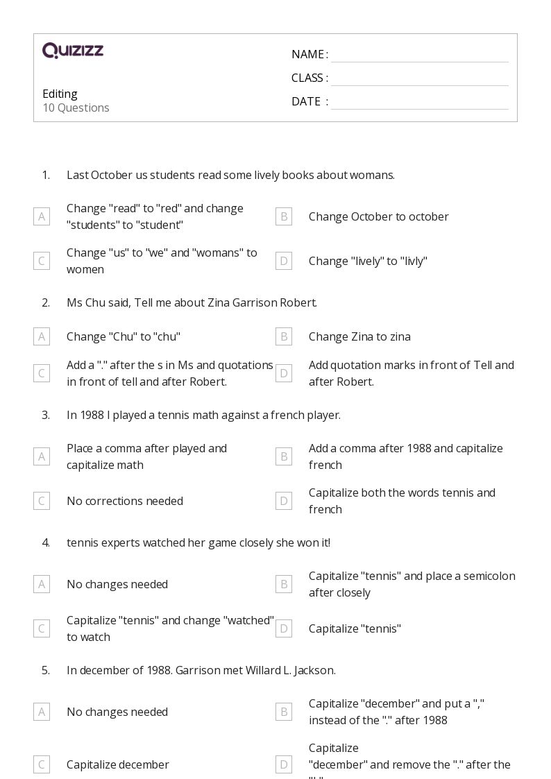 50 Editing Worksheets For 4Th Grade On Quizizz Free Printable