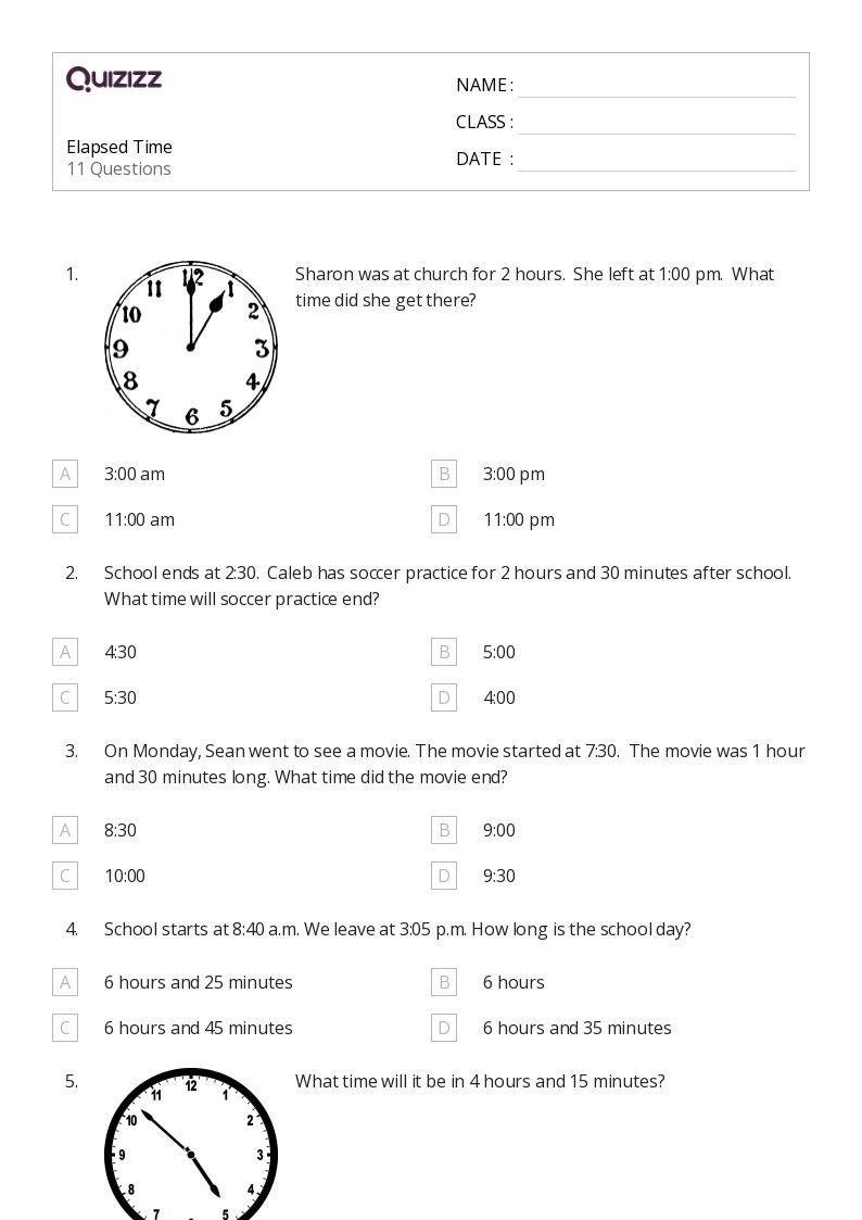 50 Elapsed Time Worksheets For 3Rd Year On Quizizz Free Printable