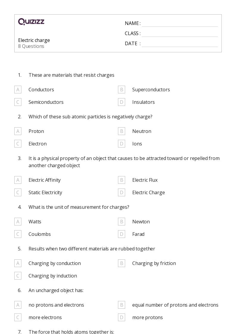 50 Electric Charge Worksheets For 12Th Grade On Quizizz Free Printable