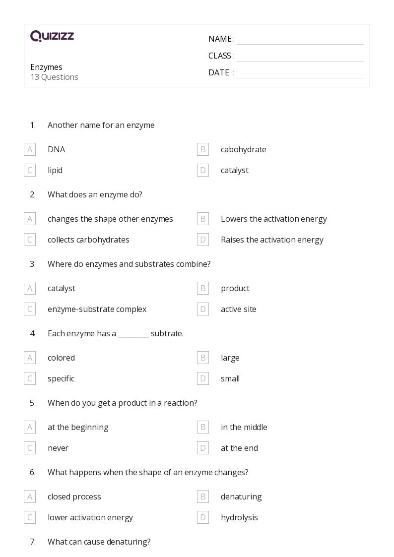 50 Enzymes Worksheets For 9Th Year On Quizizz Free Printable