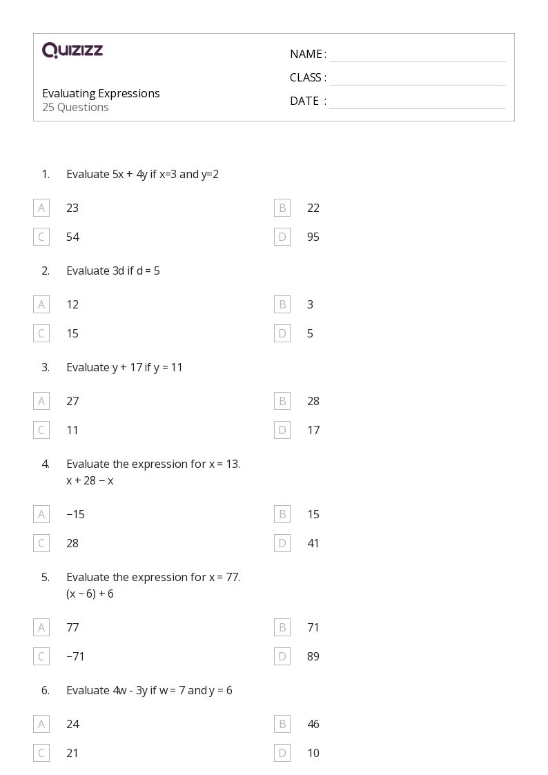 50 Evaluating Expressions Worksheets For 5Th Year On Quizizz Free