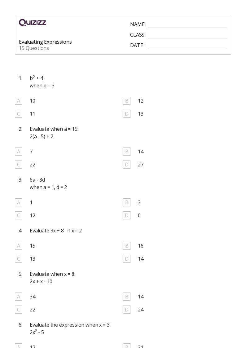 50 Evaluating Expressions Worksheets For 6Th Grade On Quizizz Free