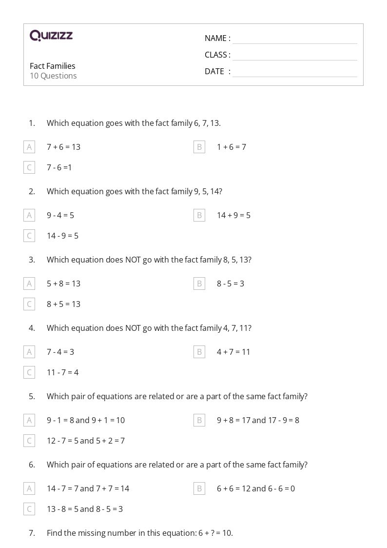 50 Fact Families Worksheets For 4Th Grade On Quizizz Free Amp Printable