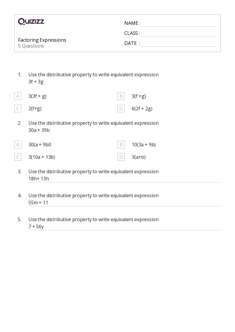 50 Factoring Expressions Worksheets For Kindergarten On Quizizz Free