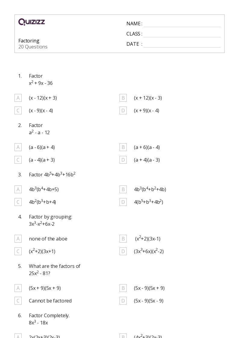 50 Factoring Worksheets On Quizizz Free Printable