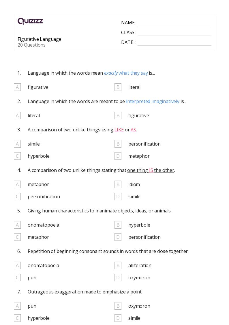 50 Figurative Language Worksheets For 3Rd Grade On Quizizz Free Amp Printable