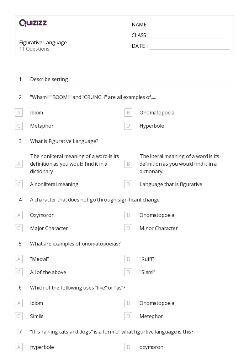 50 Figurative Language Worksheets On Quizizz Free Printable