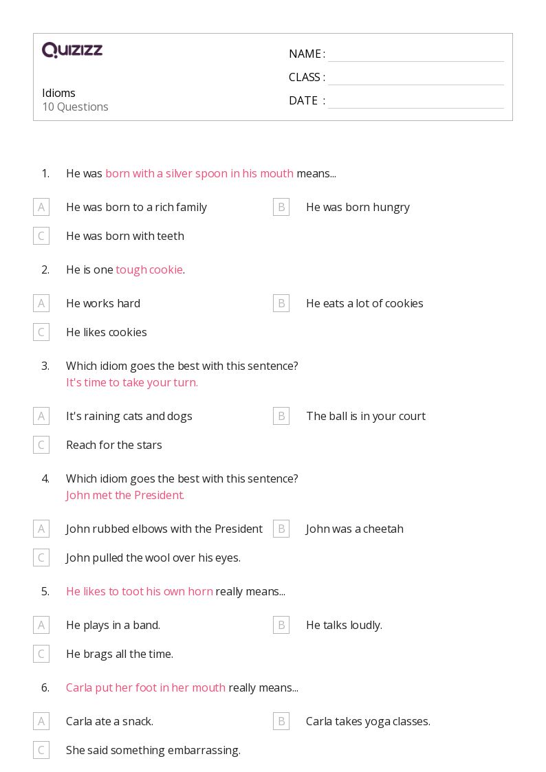 50 Idioms Worksheets For 5Th Grade On Quizizz Free Printable