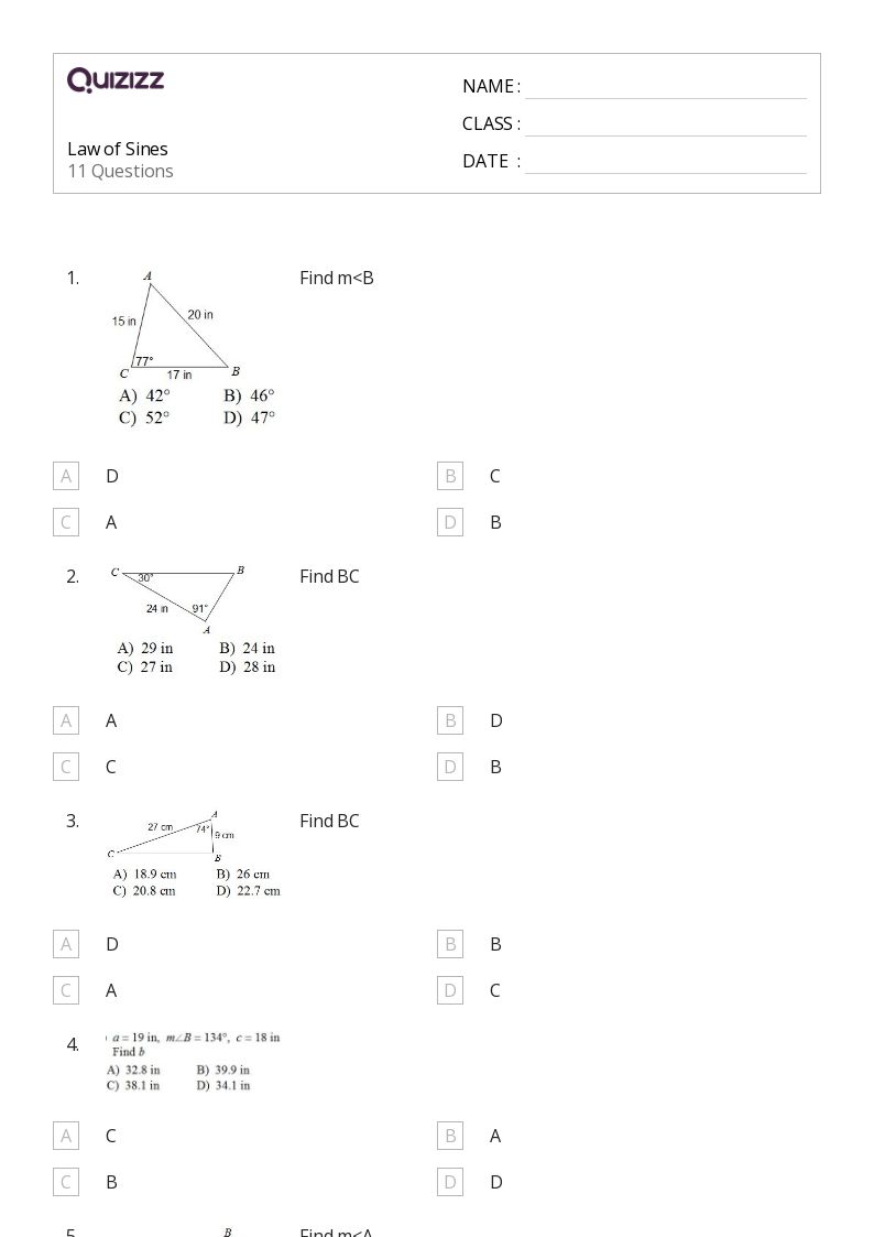 50 Law Of Sines Worksheets For 9Th Class On Quizizz Free Printable