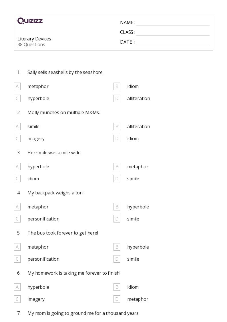 50 Literary Devices Worksheets For 5Th Grade On Quizizz Free