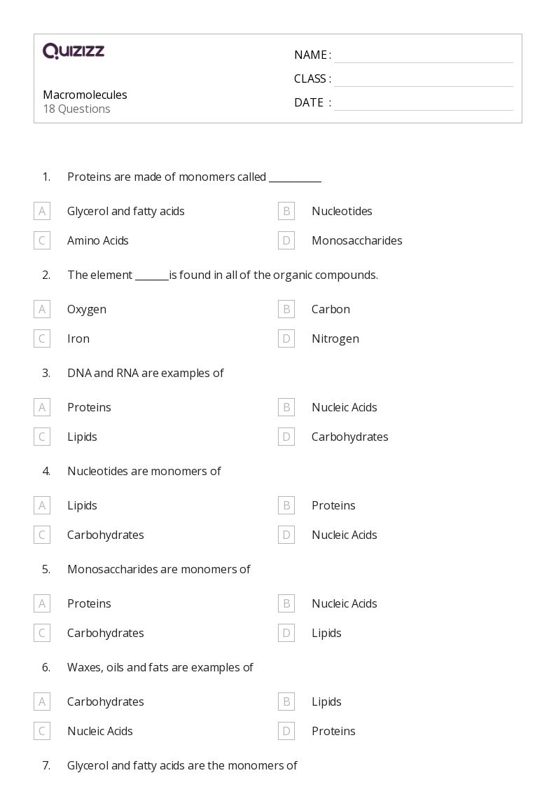 50 Macromolecules Worksheets On Quizizz Free Printable