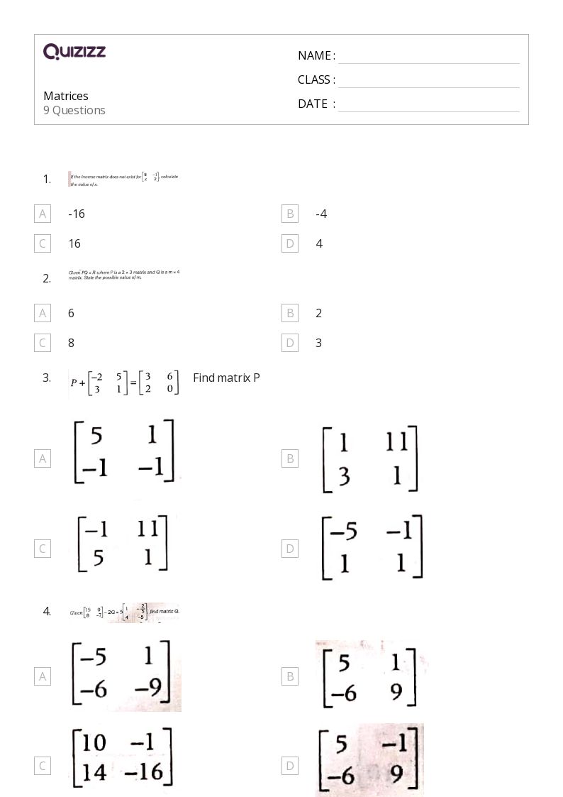 50 Matrices Worksheets On Quizizz Free Amp Printable