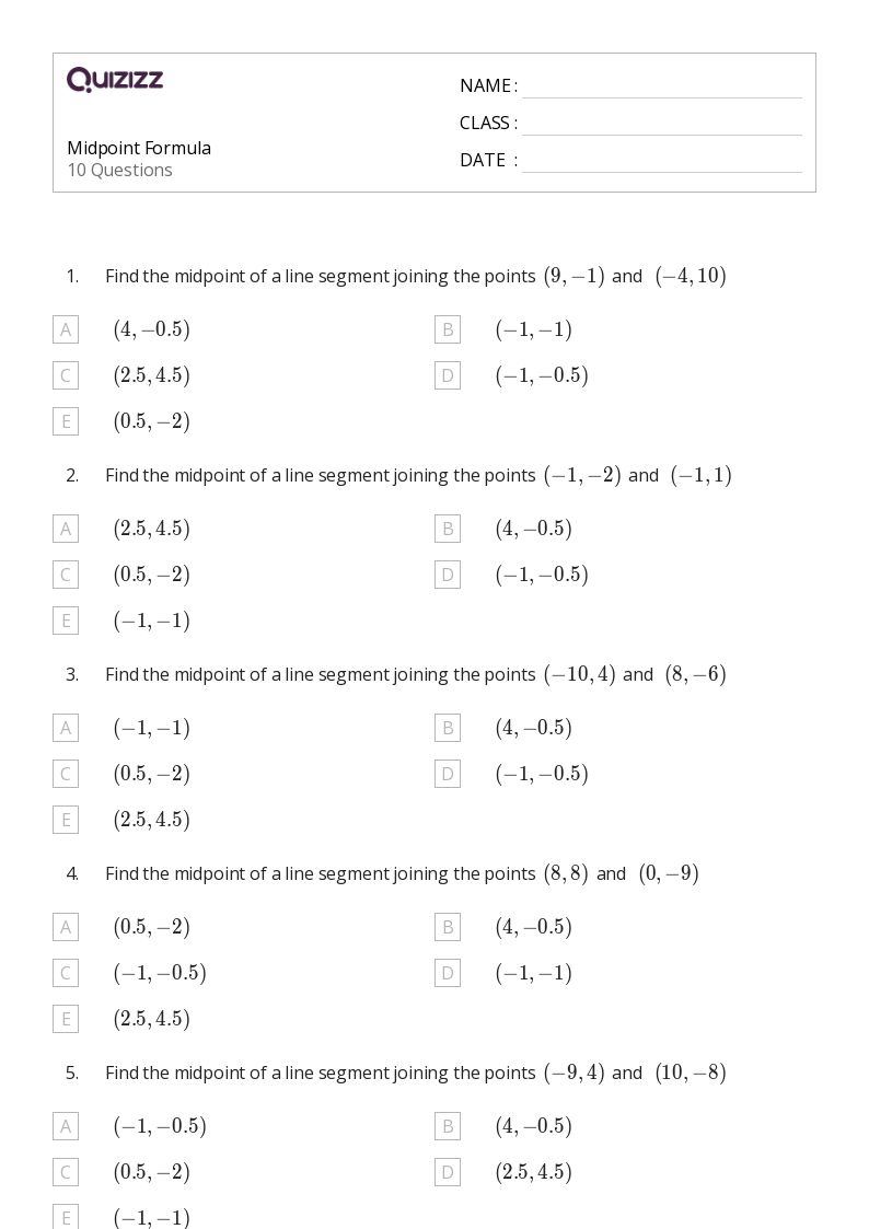 50 Midpoint Formula Worksheets For 10Th Class On Quizizz Free