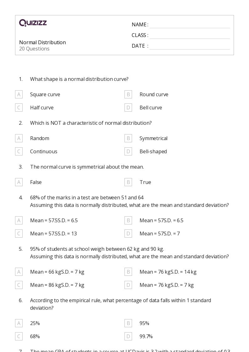 50 Normal Distribution Worksheets For Grade 10 On Quizizz Free