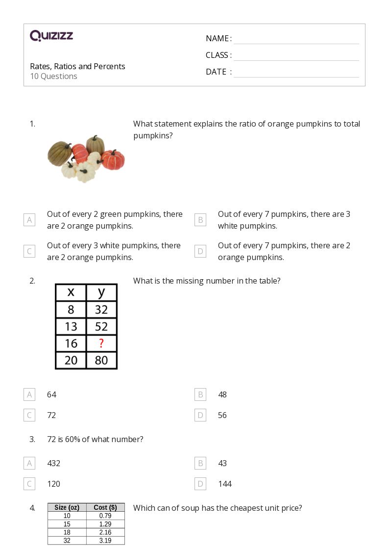 50 Percents Ratios And Rates Worksheets For 7Th Grade On Quizizz