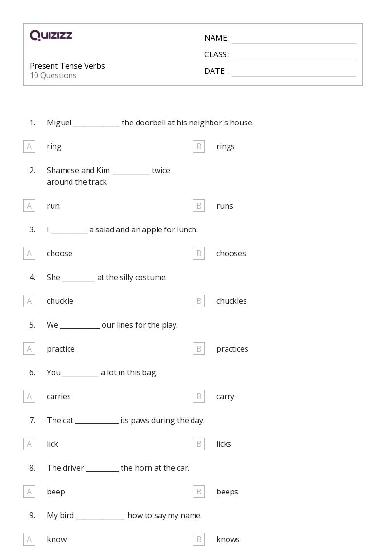 50 Present Tense Verbs Worksheets For 4Th Year On Quizizz Free