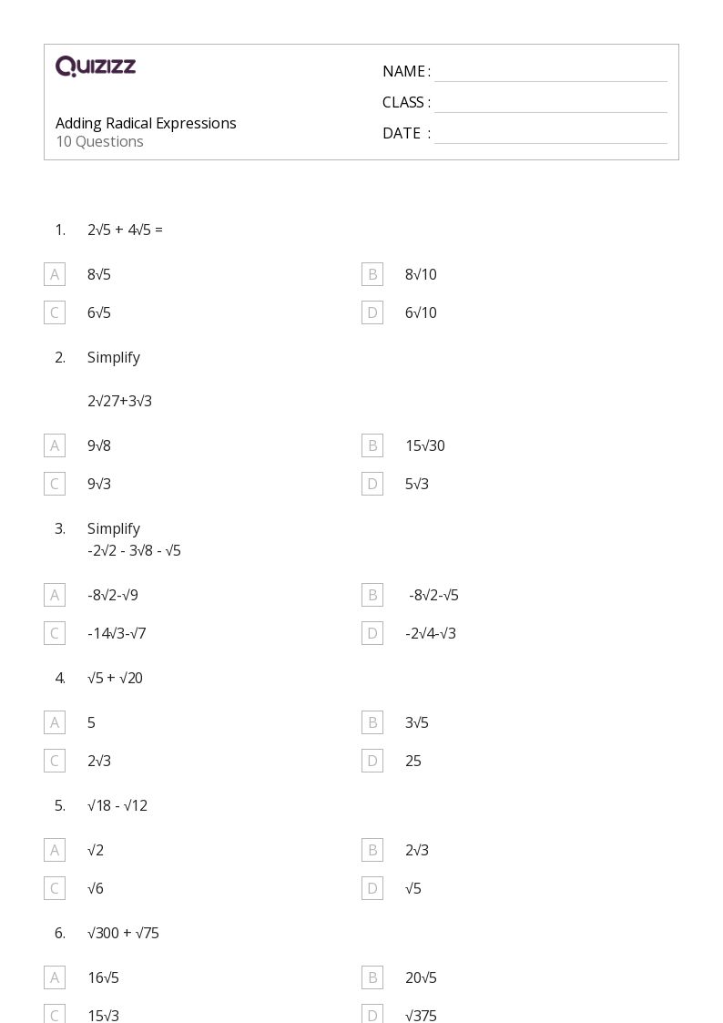 50 Radical Expressions Worksheets On Quizizz Free Printable