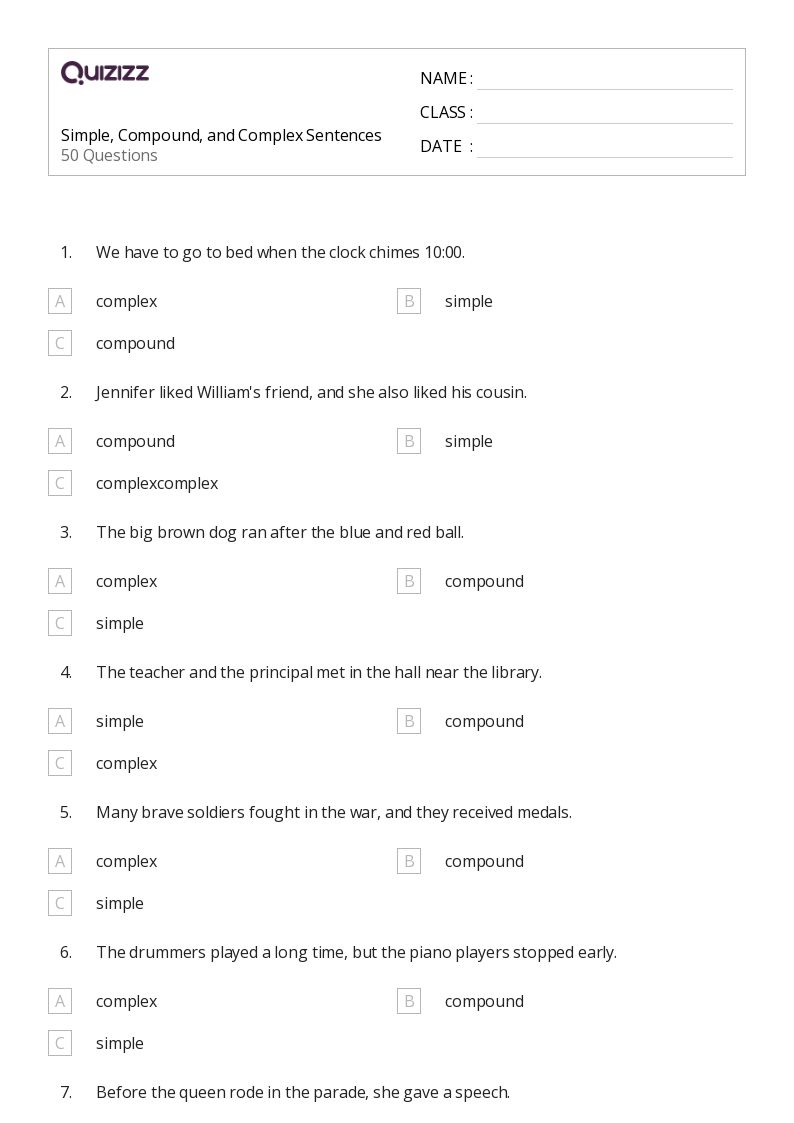 50 Simple Compound And Complex Sentences Worksheets For 7Th Class On