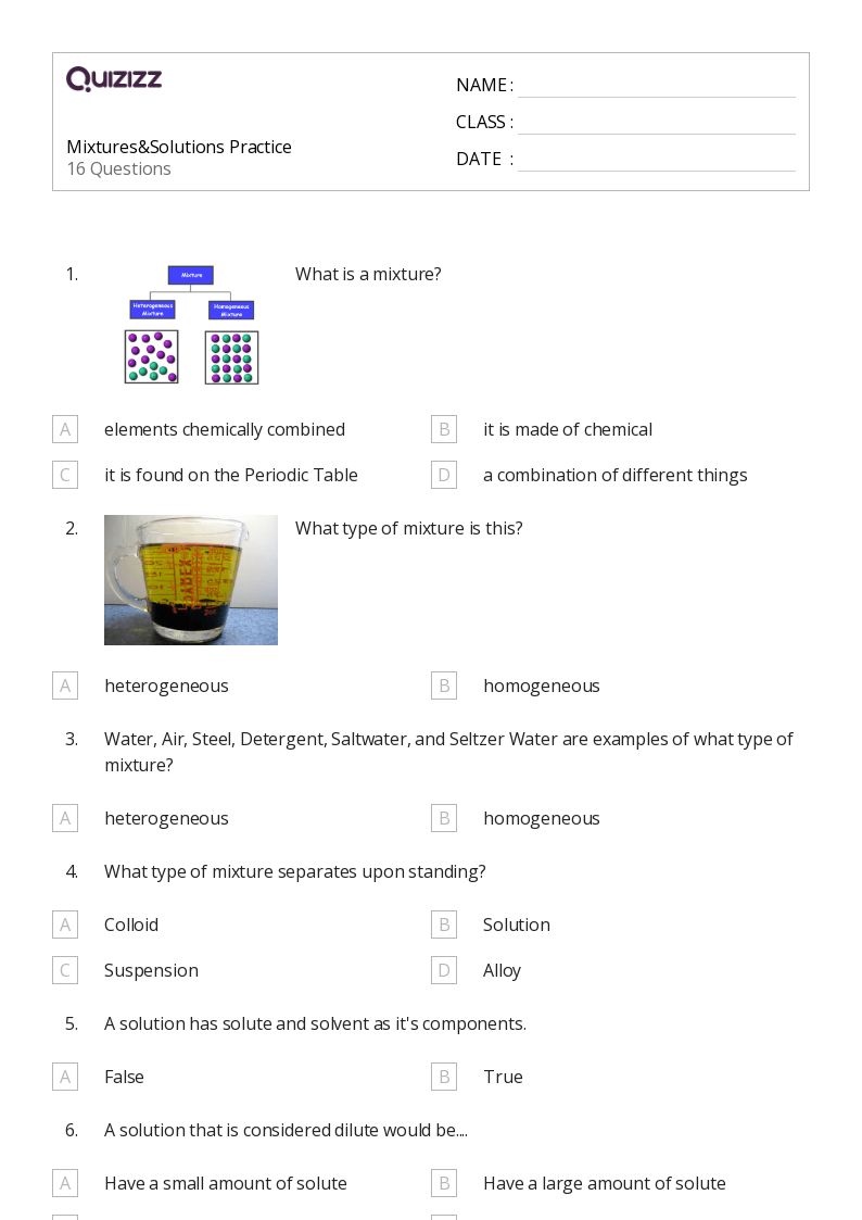 50 Solutions And Mixtures Worksheets On Quizizz Free Printable