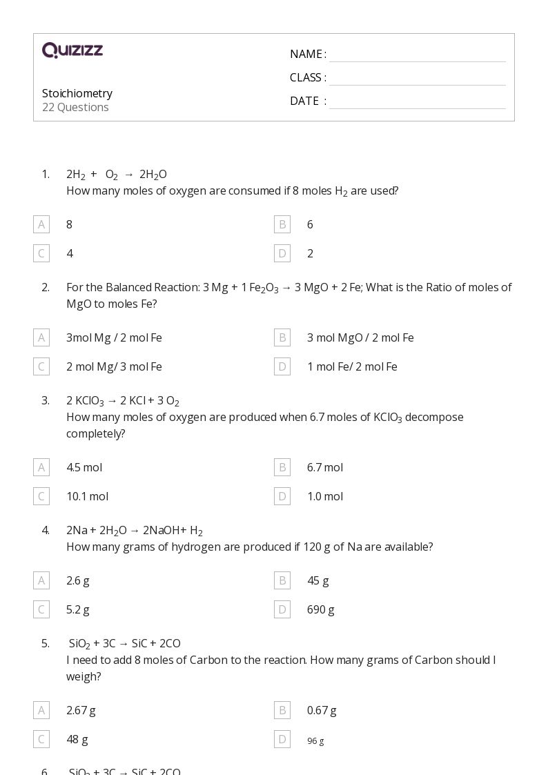 50 Stoichiometry Worksheets On Quizizz Free Printable