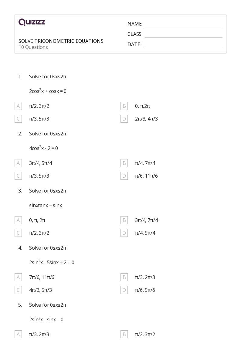 50 Trigonometric Equations Worksheets For 10Th Grade On Quizizz Free Amp Printable