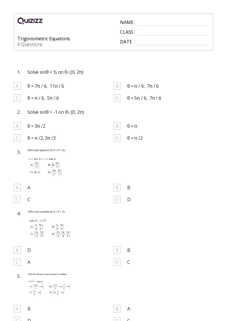 50 Trigonometric Equations Worksheets On Quizizz Free Printable