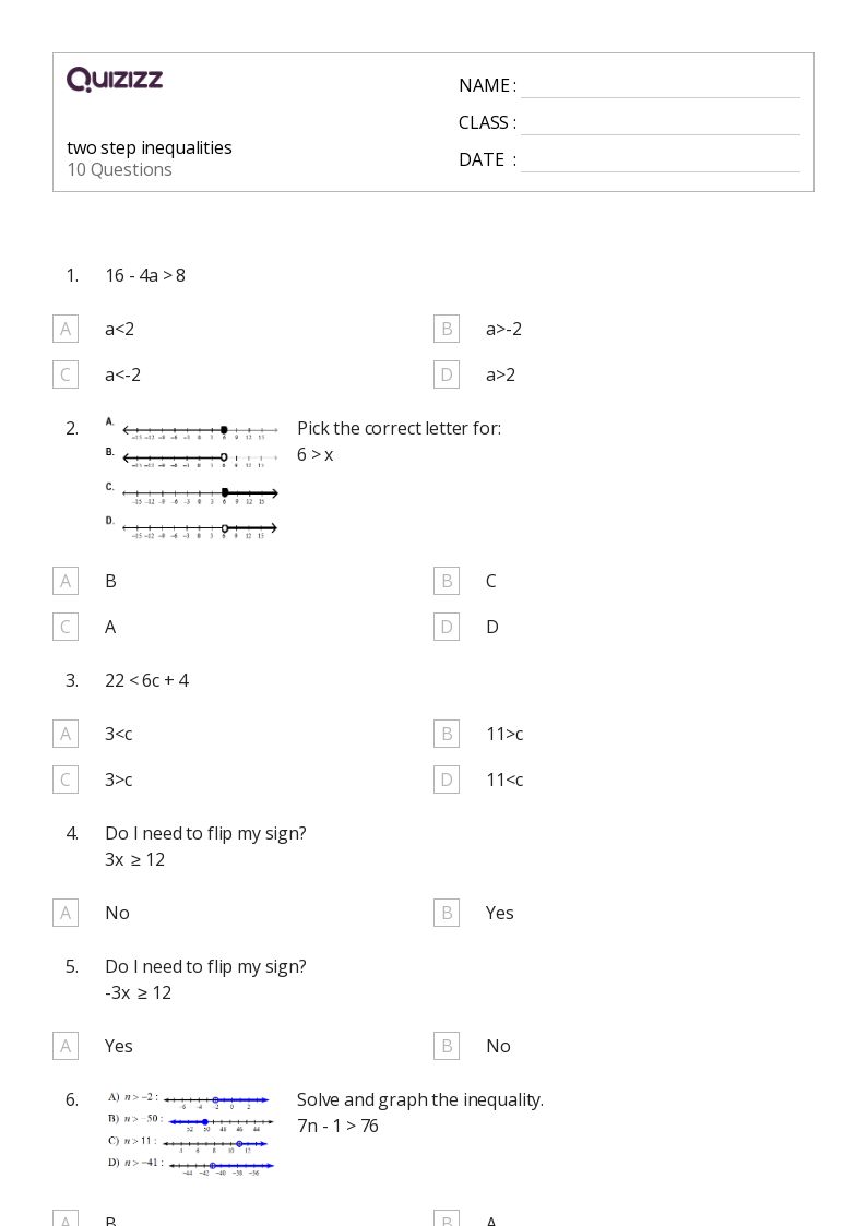 50 Two Step Inequalities Worksheets For 5Th Class On Quizizz Free Amp Printable