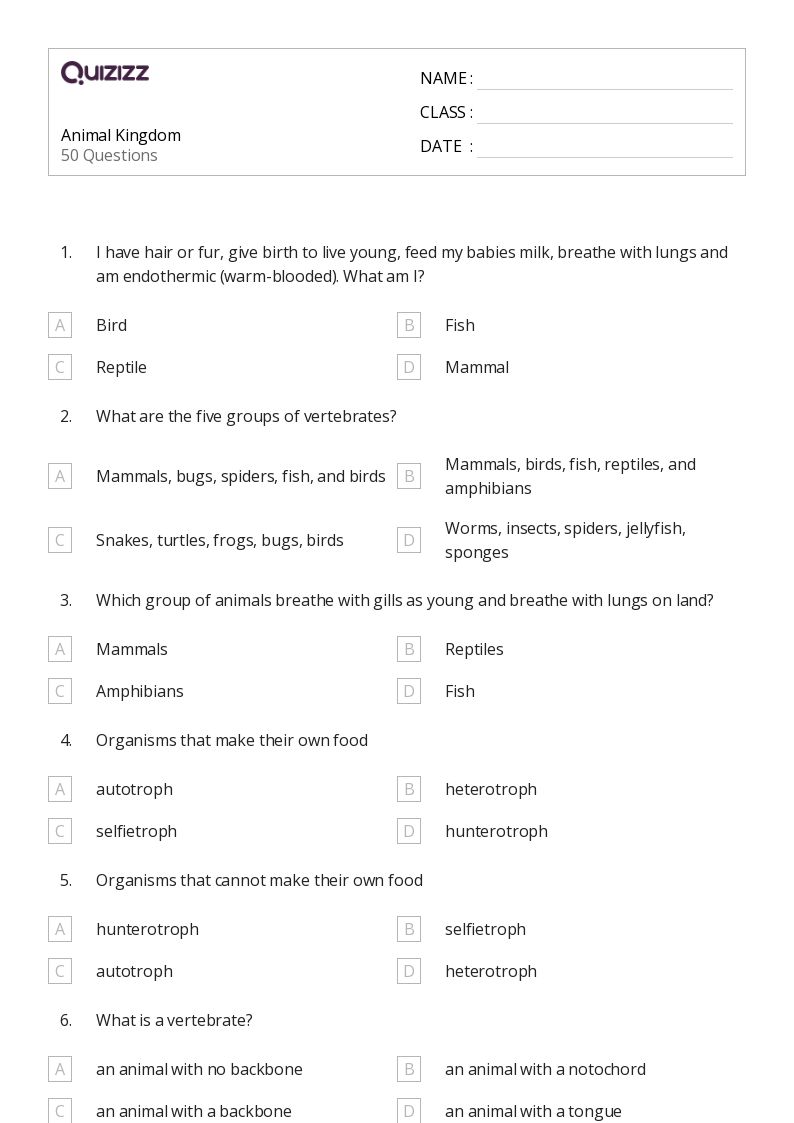 50 Vertebrates And Invertebrates Worksheets On Quizizz Free Printable