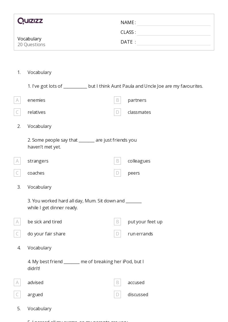 50 Vocabulary Worksheets For 10Th Grade On Quizizz Free Amp Printable