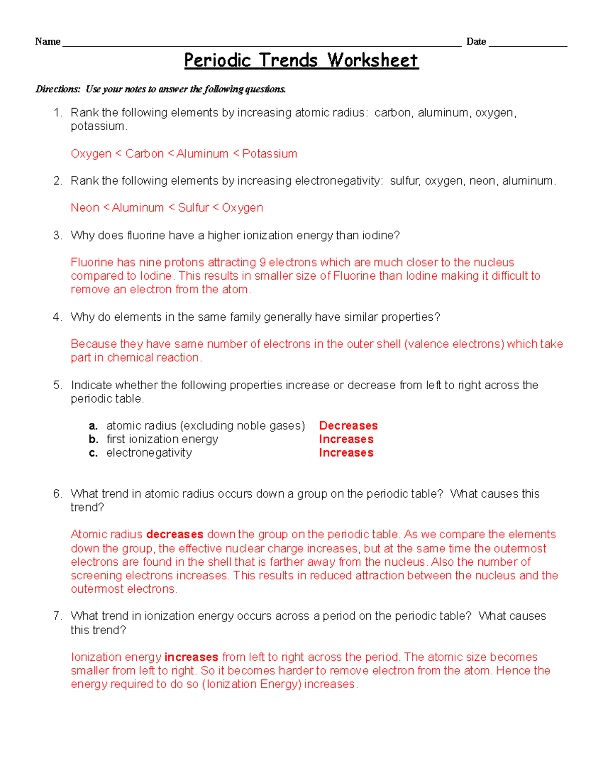 50 Worksheet Periodic Trends Answers