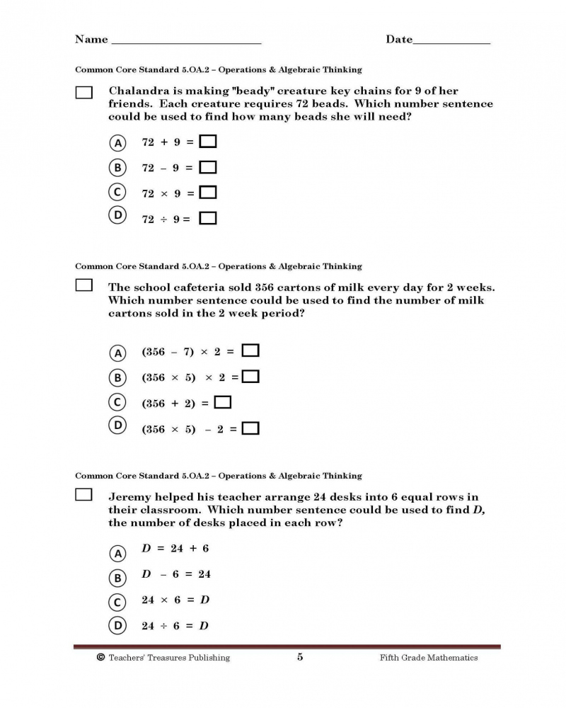 5Th Grade Common Core Math Word Problems Worksheets Common Core