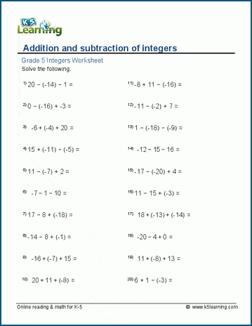 5Th Grade Integers Worksheet Addition And Subtraction Of Integers