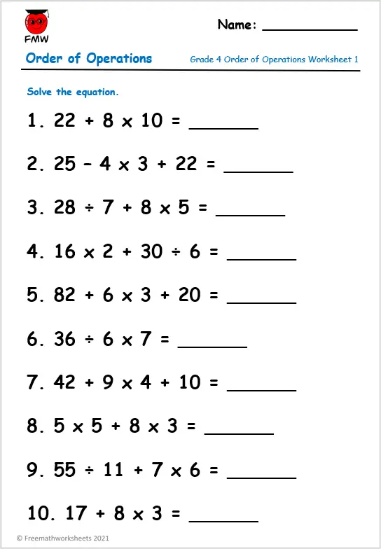 5Th Grade Math Worksheets Order Of Operations