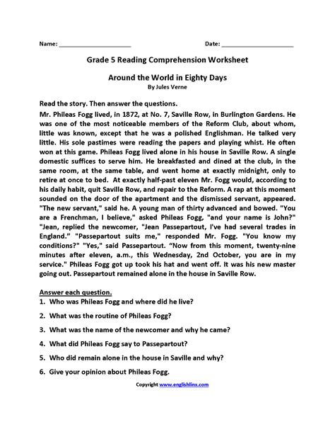 5Th Grade Reading Comprehension For Class 5 Kidsworksheetfun