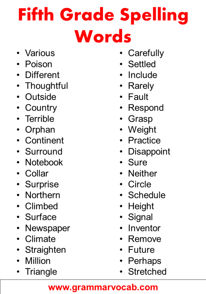 5Th Grade Spelling Word List 4Th Grade Spelling Words Spelling Bee Words 5Th Grade Spelling