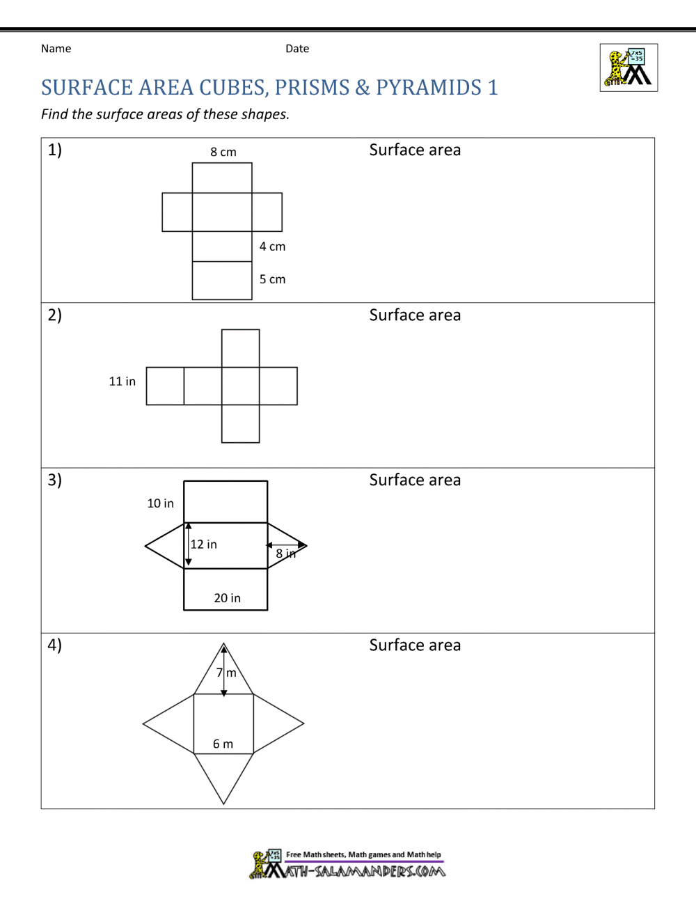 6Th Grade Surface Area Using Nets Worksheet Kidsworksheetfun