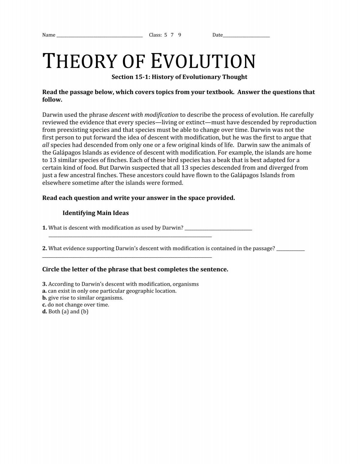 7 Chapter 15 The Theory Of Evolution Answer Key Sheenakairo