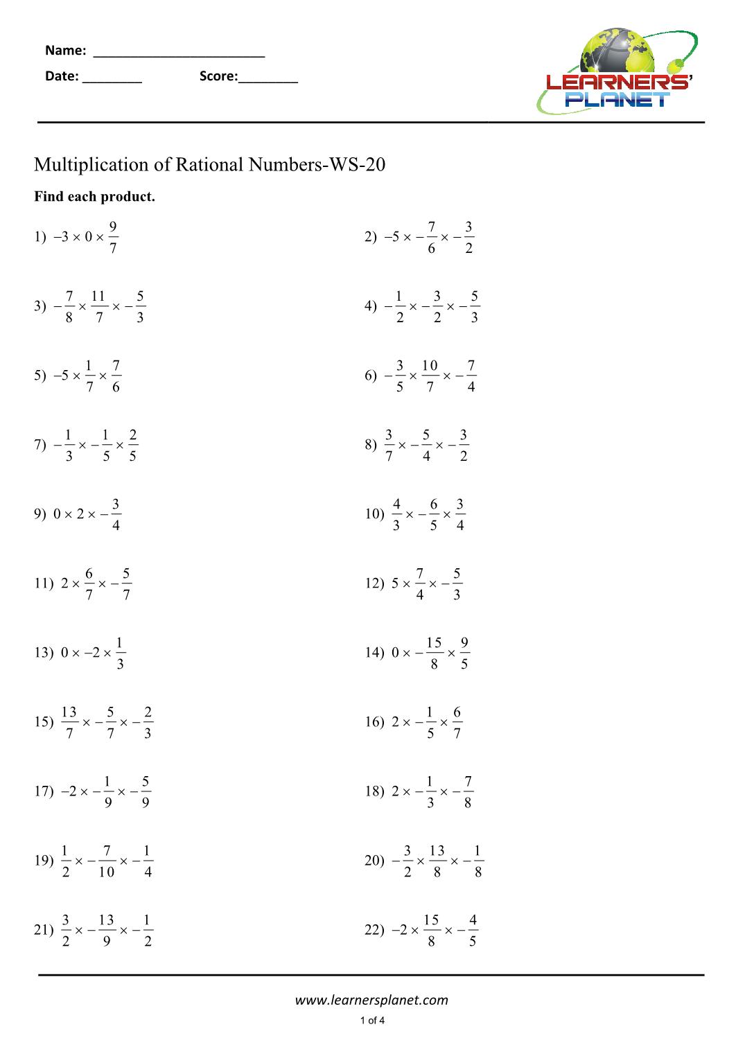 7Th Grade Multiplying And Dividing Rational Numbers Worksheets 7Th