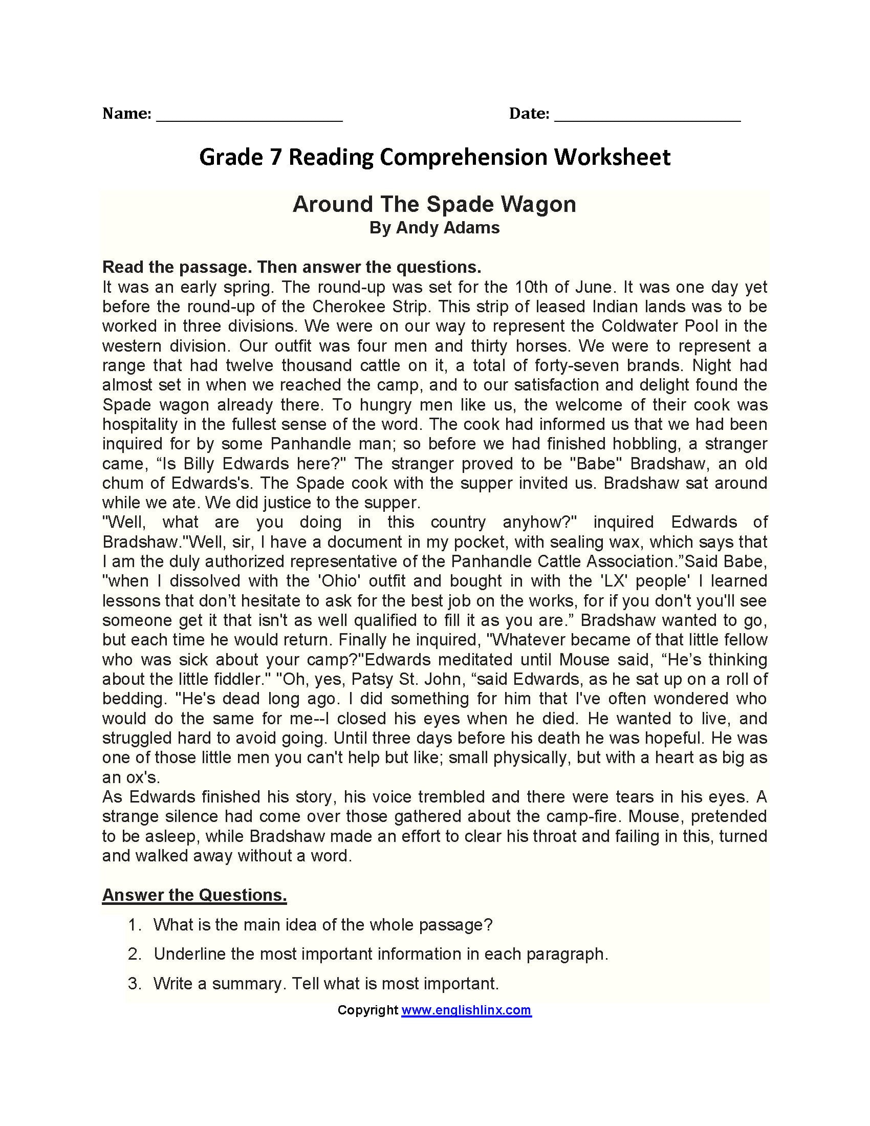 7Th Grade Reading Comprehension Worksheets Enhance Literacy Skills