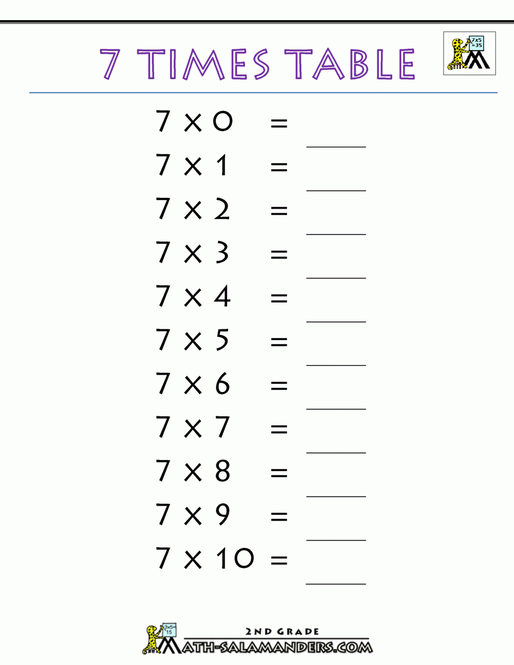 7X Multiplication Worksheets Free Printable