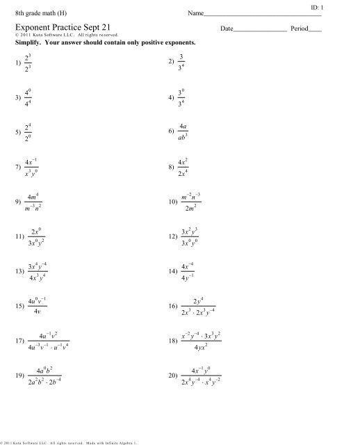 8Th Grade Math H Exponent Practice Sept 21