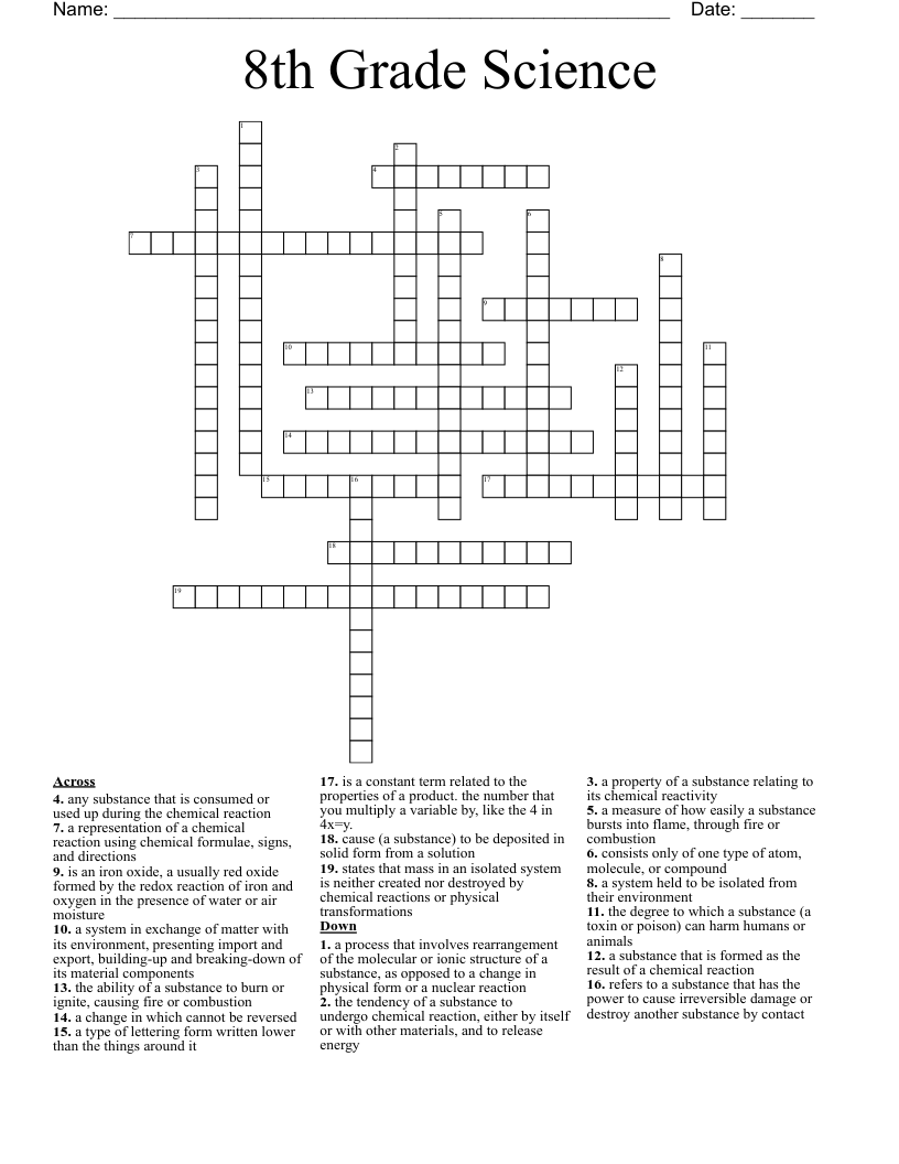 8Th Grade Science Crossword Wordmint