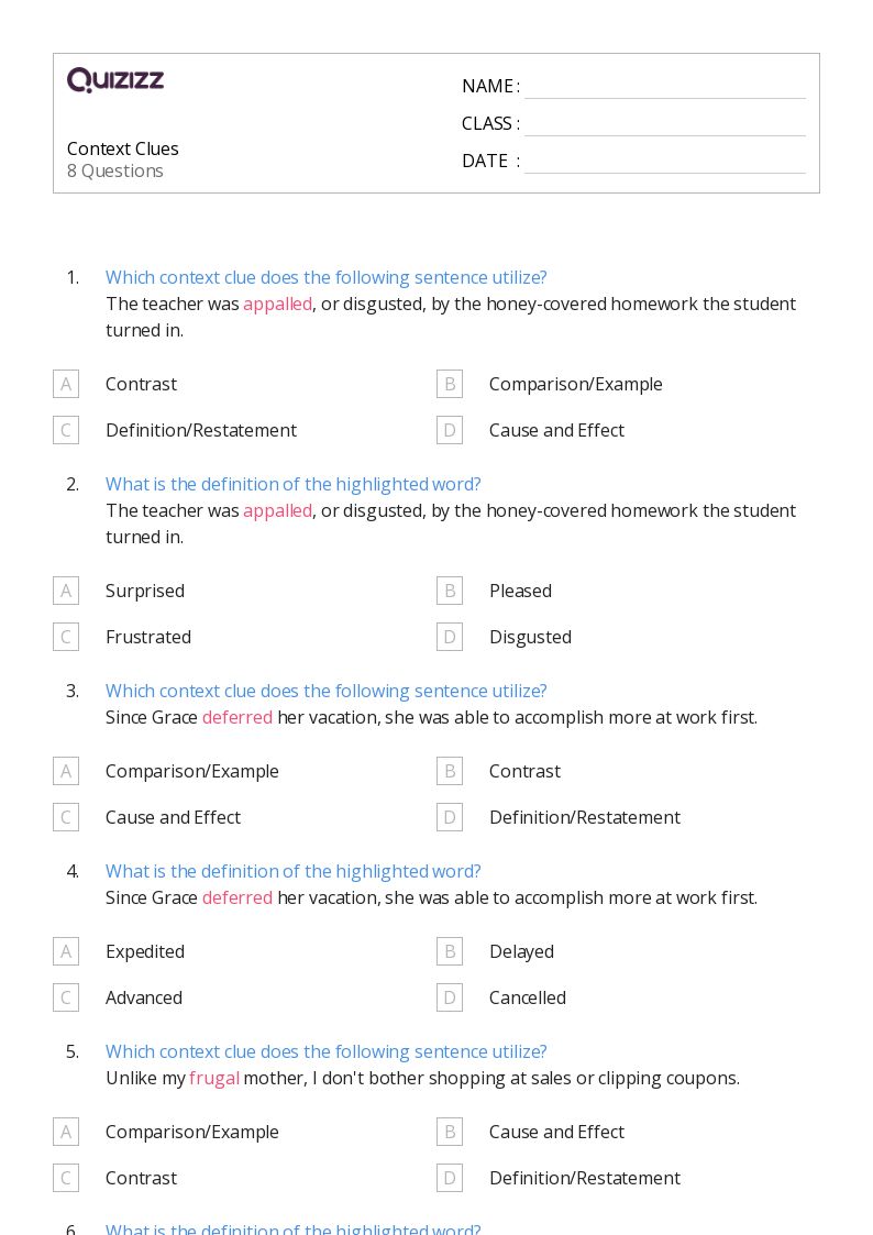 8Th Grade Test On Context Clues In Literature By Mai D Tpt