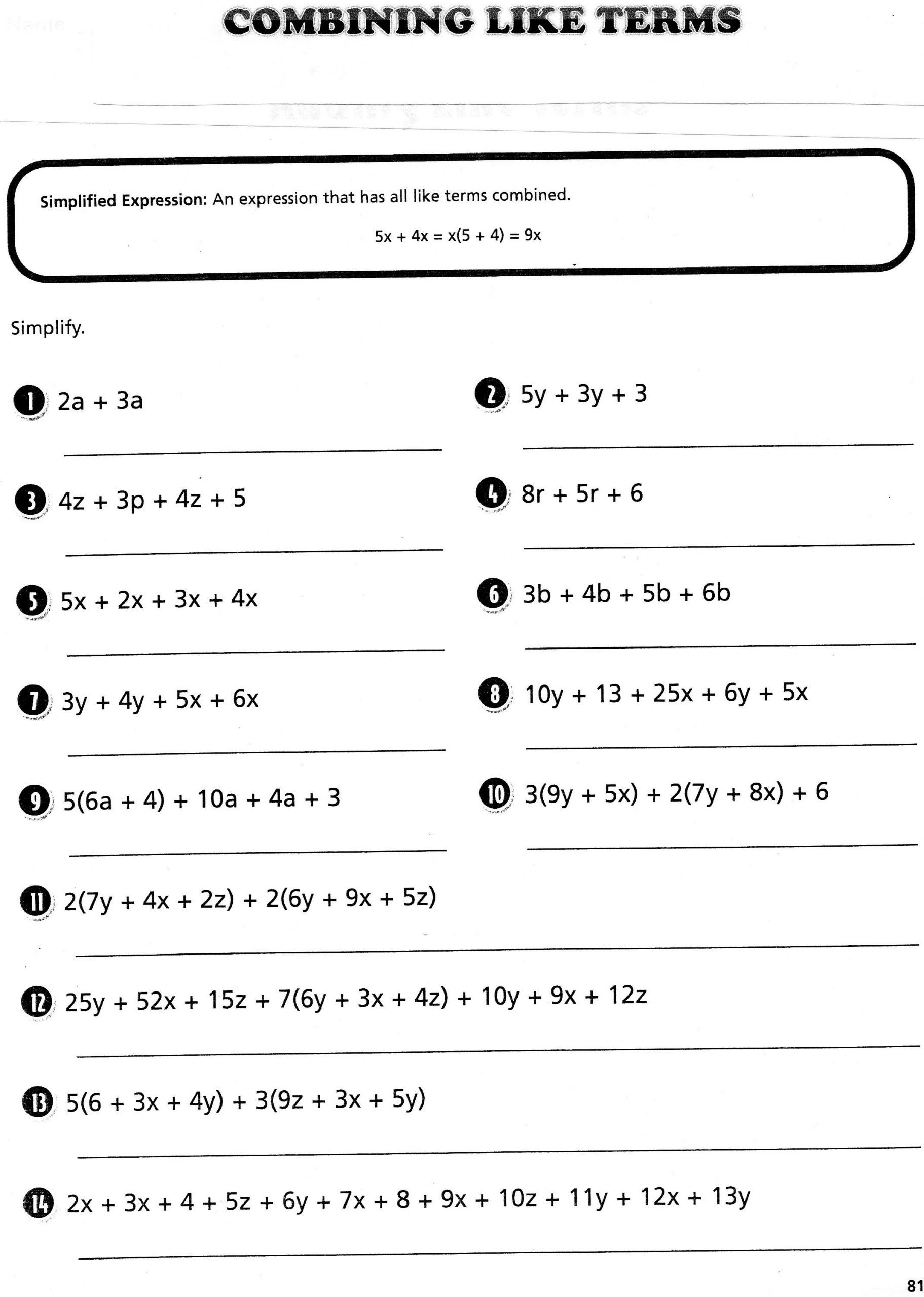 A Free Printable Combining Like Terms Worksheet Mathcation