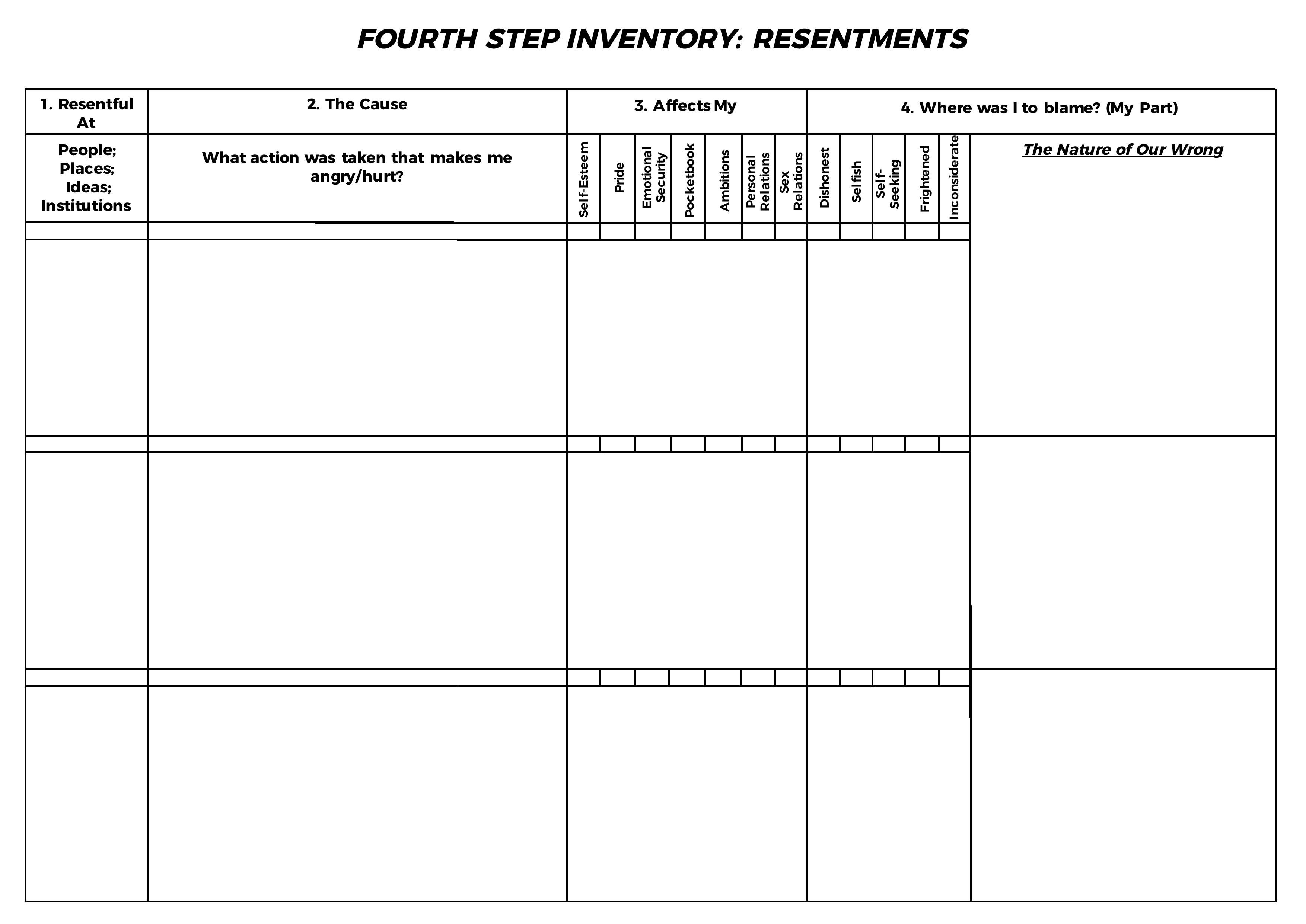 Aa 4Th Fourth Step Inventory Resentments Aa 4Th Fourth Step