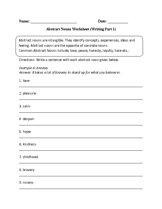 Abstract Nouns Worksheets Writing With Abstract Nouns Worksheet