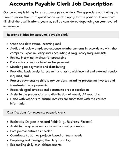 Account Payable Clerk Job Description Velvet Jobs